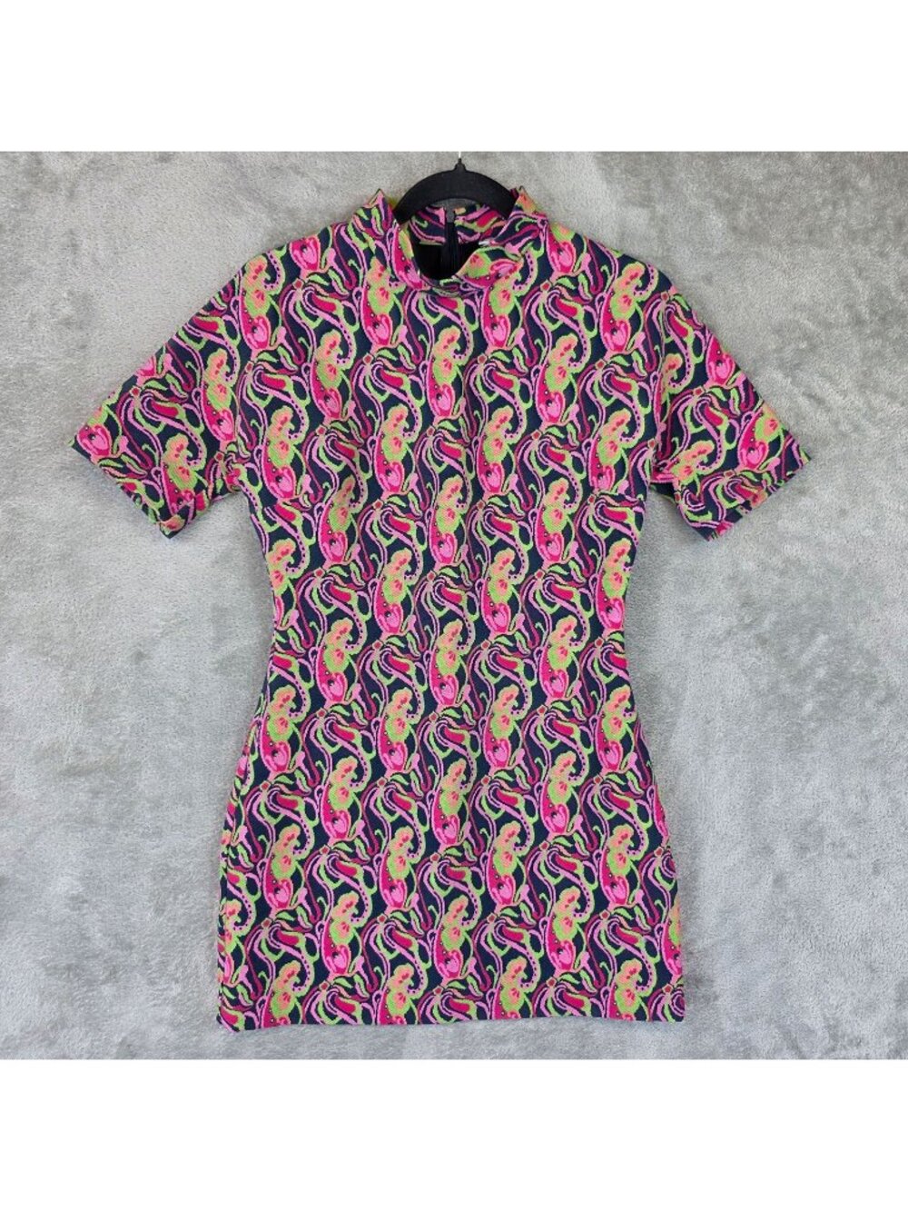 Zara Dress Womens S Multicolor Paisley Mock Neck Short Sleeve Bodycon Knit Mini